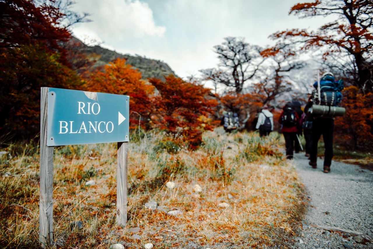 Grupo de senderistas consultando un mapa en un sendero señalizado de un parque nacional argentino.